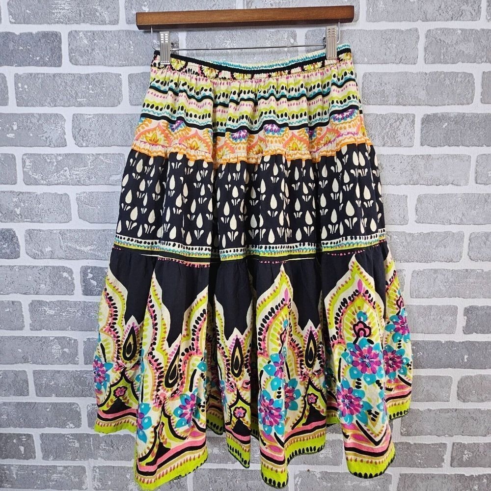 Phool Boho Tiered Midi Skirt Women's Small Beaded Floral 100% Cotton‎ Festival